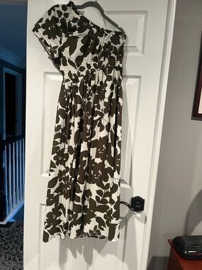 J. Crew One-Shoulder Floral Midi Dress in Olive and White
